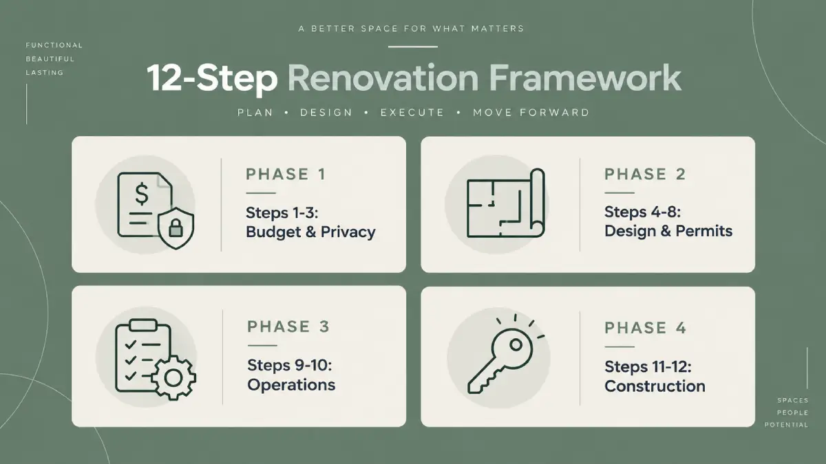 12-step renovation framework for interior design firms, showing the key phases from budgeting and design through operations and construction.